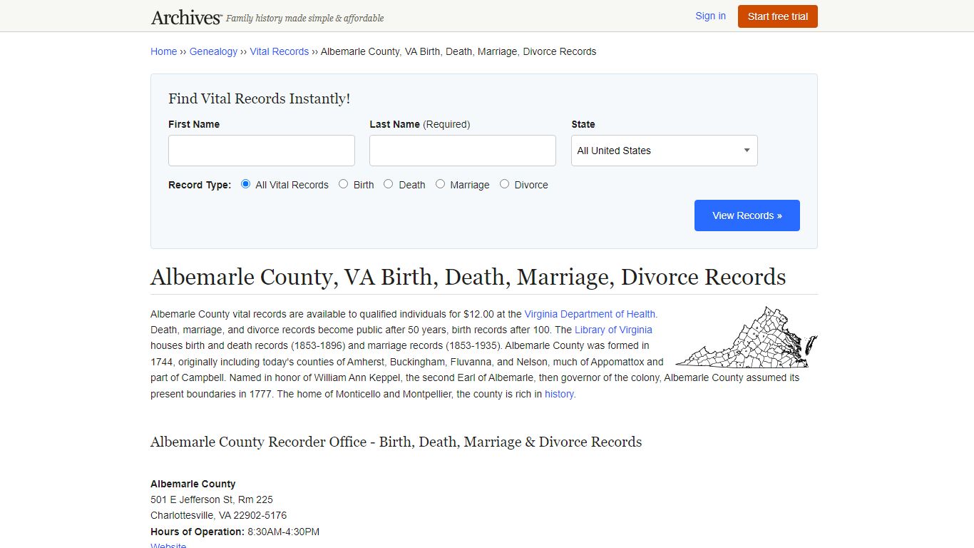 Albemarle County, VA Birth, Death, Marriage, Divorce Records - Archives.com